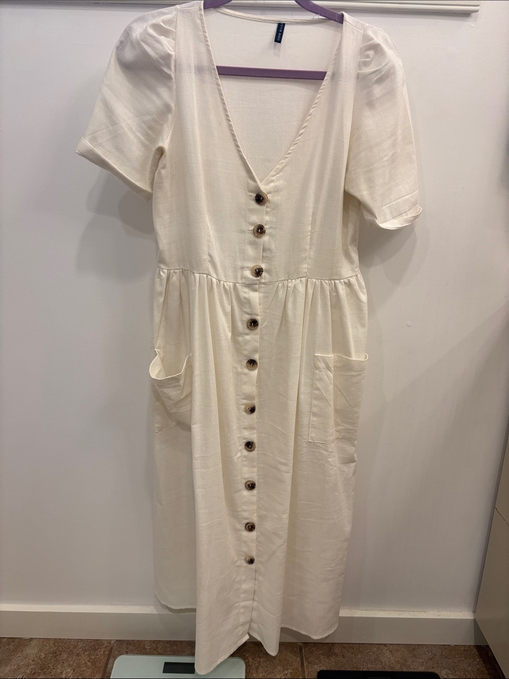 Button-Front Cream Midi Dress with Pockets